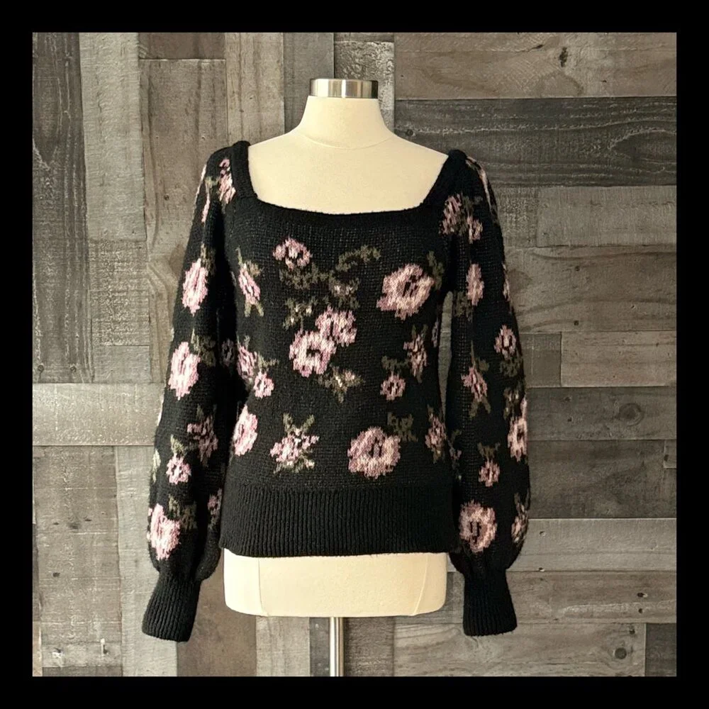 Anthropologie black bishop sleeve sweater medium rose floral dark feminine